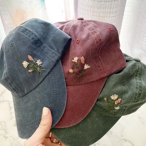 Floral Distressed Hand-Embroidered Baseball Cap